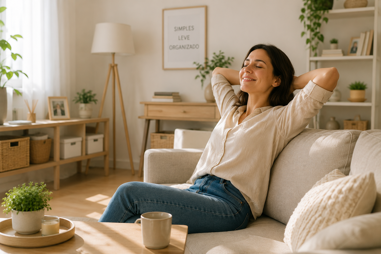 Mulher relaxando em ambiente organizado, funcional e acolhedor.