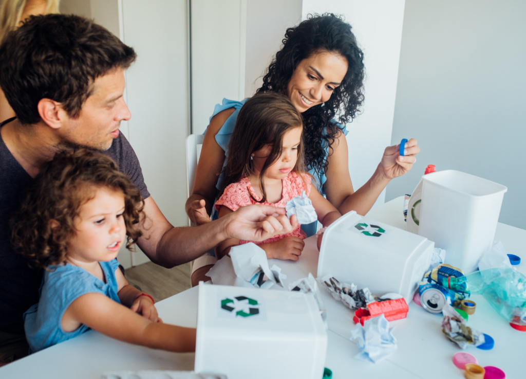 Família ensinando crianças a separar materiais recicláveis e praticar sustentabilidade dentro de casa.