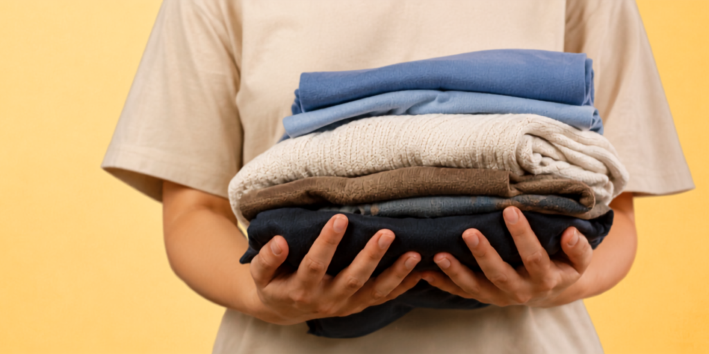 Pessoa separando roupas para doação durante o processo de organização residencial e desapego.